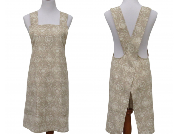 Women's Beige & Cream Damask Japanese Style Apron front & back views