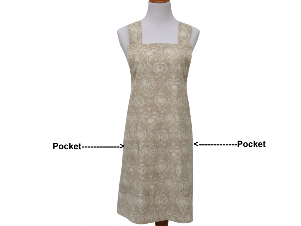 Women's Beige & Cream Damask Japanese Style Apron front view of pockets