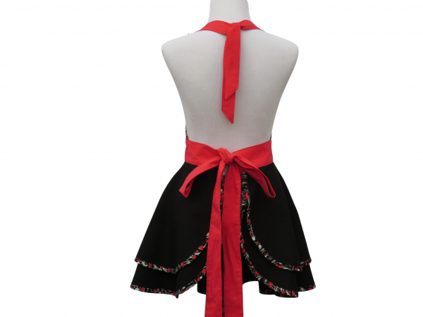 Women's Black & Red Retro Style Apron back view tied in back