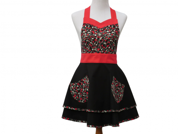 Women's Black & Red Retro Style Apron front view tied in back