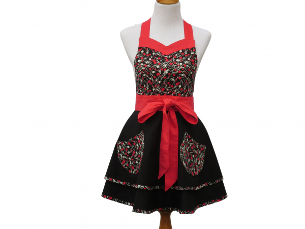 Women's Black & Red Retro Style Apron front view tied in front
