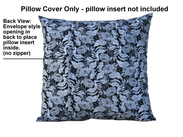 Black & White Floral Throw Pillow Cover, 100% Cotton, back view