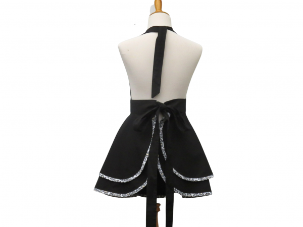 Women's Black & White Damask Retro Style Apron back view tied in back
