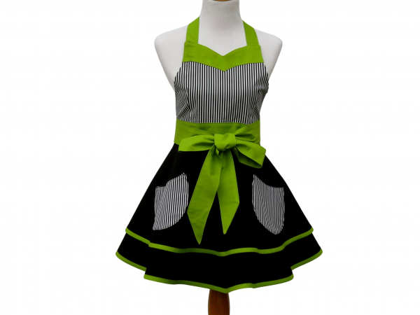 Women's Retro Style Apron Black, White and Green front view tied in front