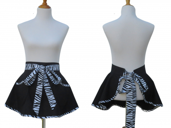 Black & White Half Apron with Zebra Stripe Trim front & back views