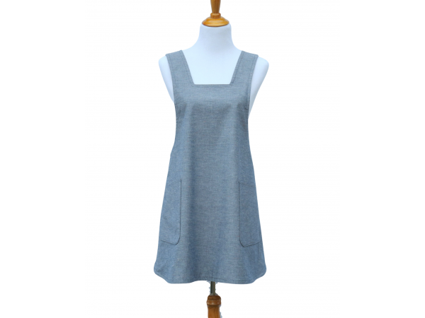 Women's Blue Chambray Japanese Cross Back Style Apron front view