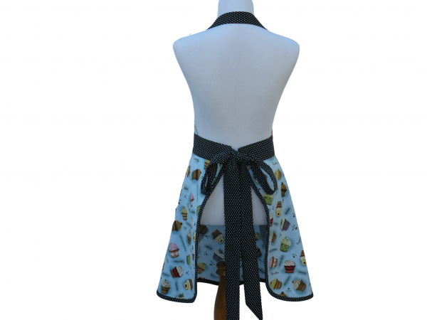 Women's Blue Cupcake Apron back view tied in back