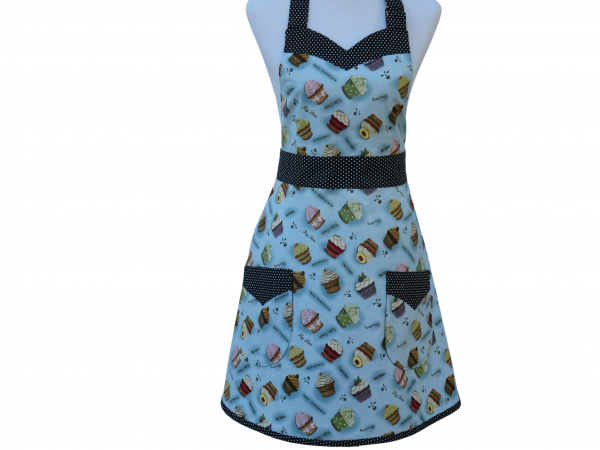 Women's Blue Cupcake Apron Front view tied in back