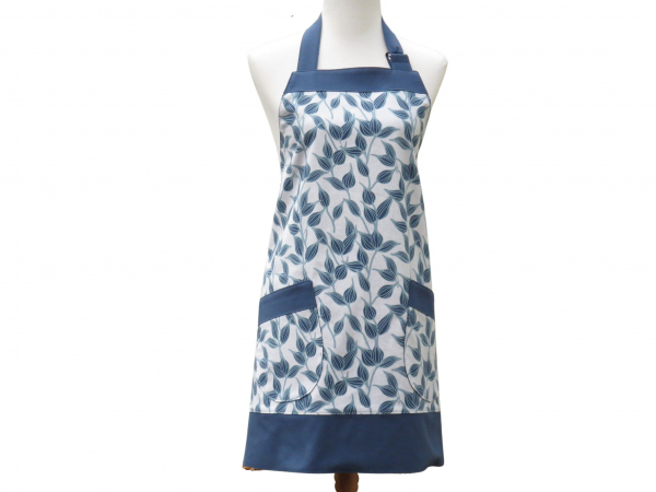 Women's Blue & Gray Vines Leaves Apron front view tied in back