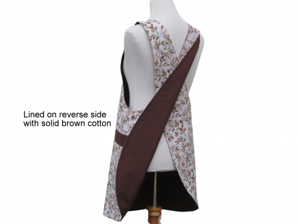 Women's Brown Vines Japanese Cross Back Style Apron reverse lining view
