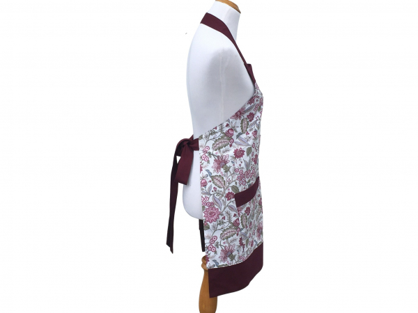 Women's Burgundy & Green Floral Apron side view tied in back