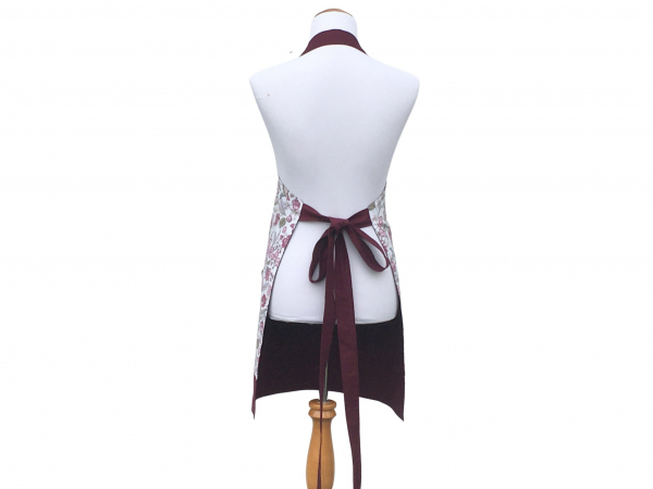 Women's Burgundy & Green Floral Apron back view tied in back
