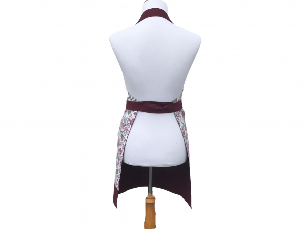 Women's Burgundy & Green Floral Apron back view tied in front