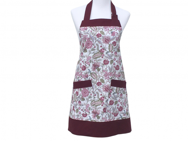 Women's Burgundy & Green Floral Apron front view tied in back