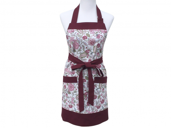 Women's Burgundy & Green Floral Apron front view tied in front