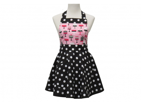 Women's Cake Themed Polka Dot Retro Style Apron front view tied in back
