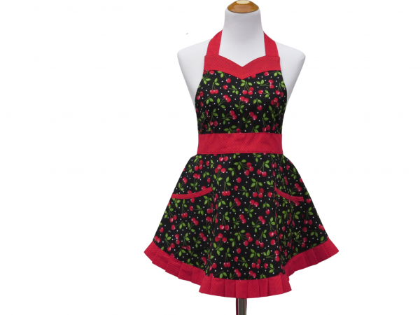Women's Black & Red Cherries Retro Style Apron with Pleated Hem tied in back