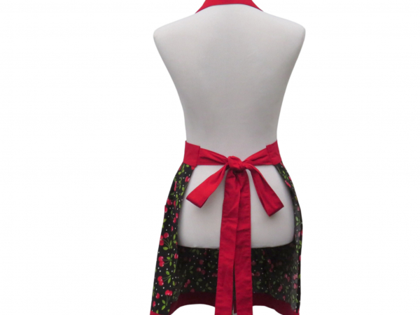 Women's Cherries Gathered Waist Apron back view tied in back