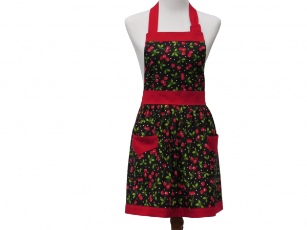 Women's Cherries Gathered Waist Apron front view tied in back