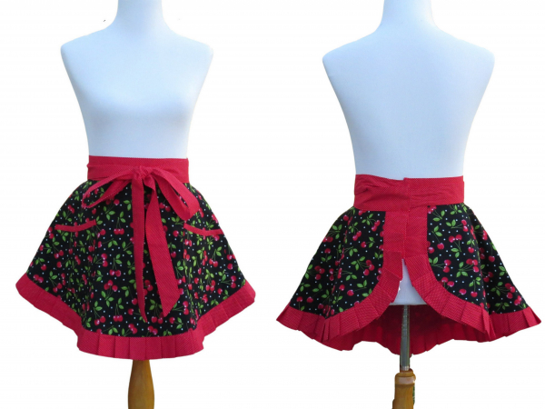 Women's Cherries Half Apron with Pleated Hem front & back views