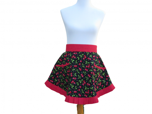 Women's Cherries Half Apron with Pleated Hem front view tied in back