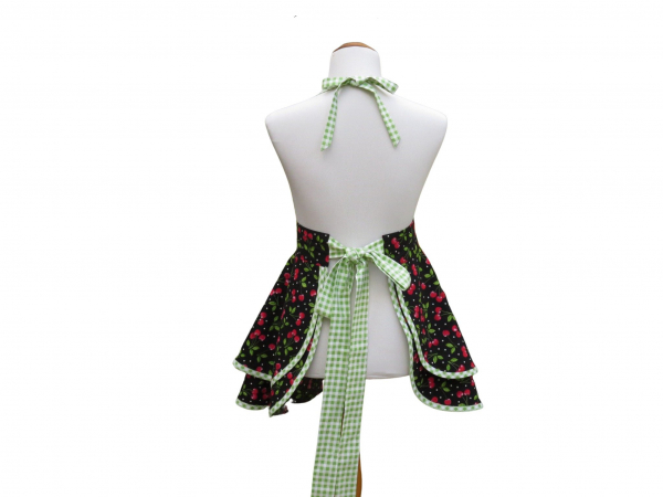 Women's Cherries & Gingham Retro Style Apron back view tied in back