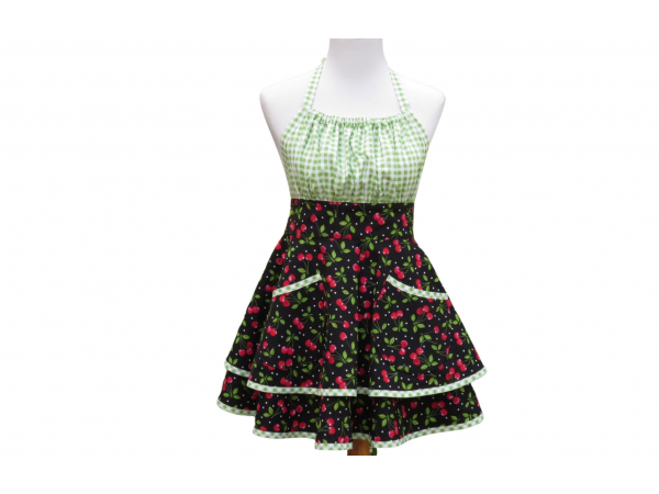Women's Cherries & Gingham Retro Style Apron front view tied in back
