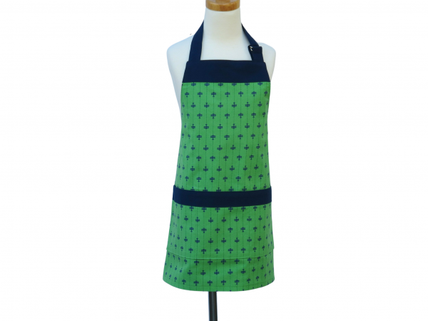 Kid's Green & Blue Airplane Apron front view tied in back