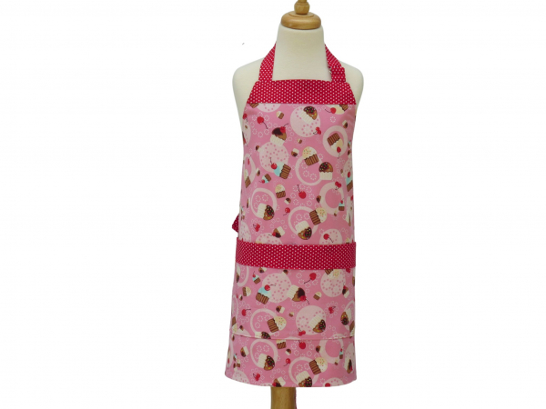 Children's Pink Cupcake Apron front view tied in back