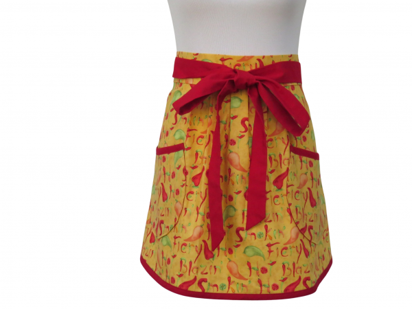 Women's Red & Yellow Chili Peppers Half Apron front view tied in front closeup