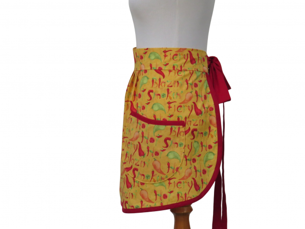 Women's Red & Yellow Chili Peppers Half Apron side view tied in back