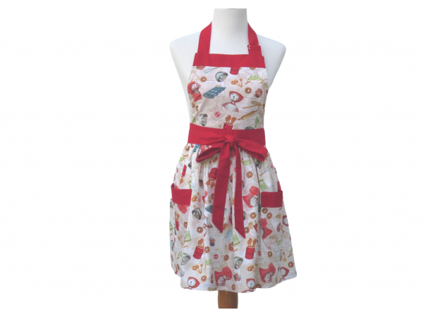 Cooking Themed Gathered Waist Apron front view tied in front