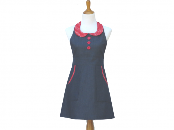 Denim & Polka Dot Apron with Collar front view tied in back