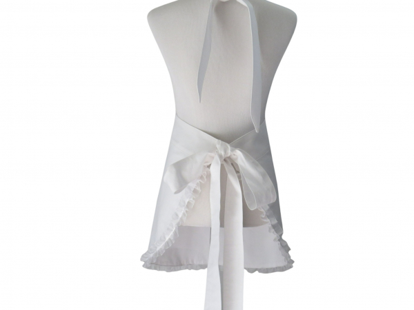 White Ruffled Apron back view tied in back