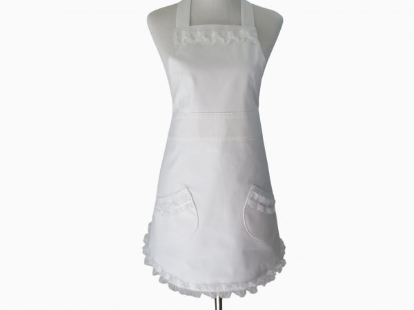 White Ruffled Apron front view tied in back