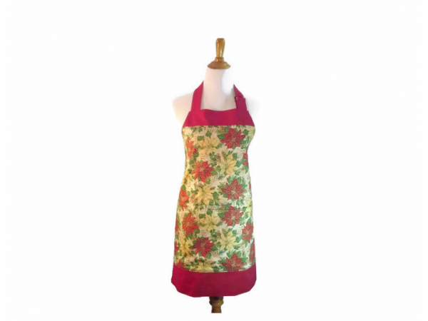 Christmas Poinsettia Apron with Large Pockets front view tied in back