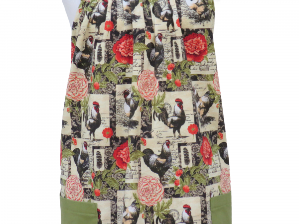 Floral Rooster Cross Back Apron fabric closeup view