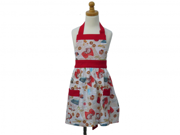 Girl's Cooking Themed Gathered Waist Apron front view tied in back