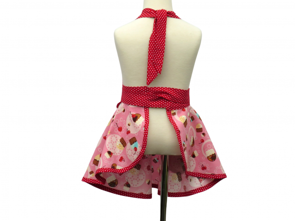 Girl's Pink & Red Cupcake Retro Style Apron back view tied in front