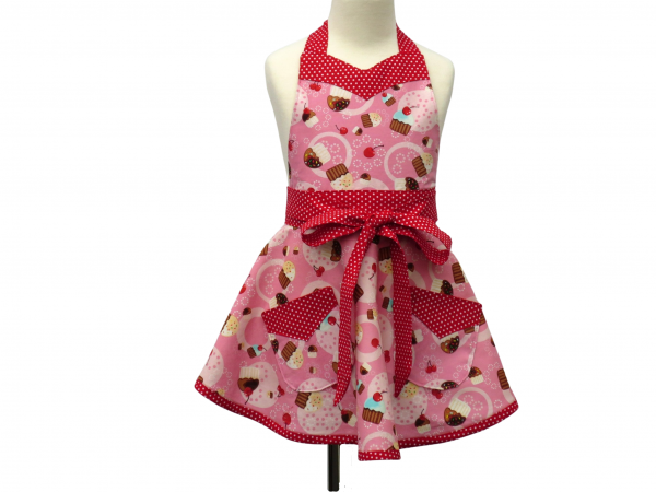 Girl's Pink & Red Cupcake Retro Style Apron front view tied in front