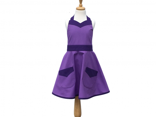 Girl's Purple Retro Style Apron front view tied in back