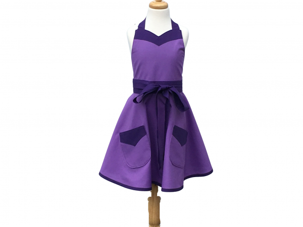 Girl's Purple Retro Style Apron front view tied in front