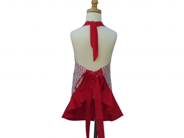 Girl's Blue & Red Floral Stripe Apron back view tied in back