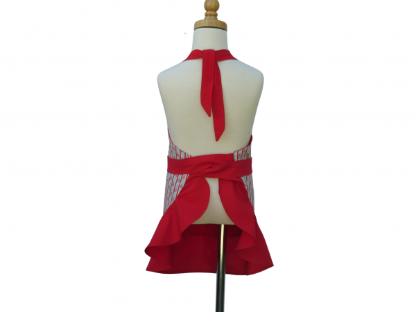 Girl's Blue & Red Floral Stripe Apron back view tied in front