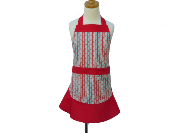 Girl's Blue & Red Floral Stripe Apron front view tied in back