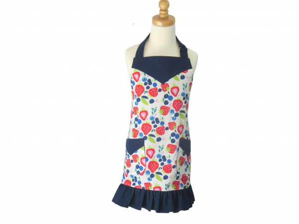 Girl's Strawberries & Blueberries Ruffled Apron front view tied in back