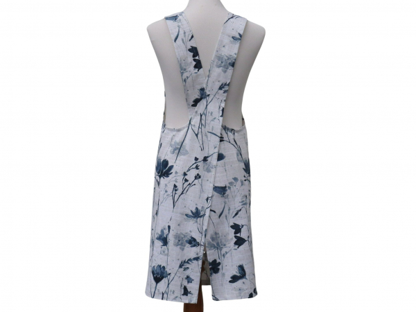Women's Gray & Blue Floral Japanese Style Apron back view