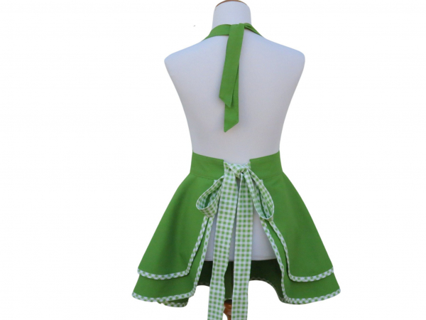 Women's Green Retro Style Apron with Gingham back view tied in back