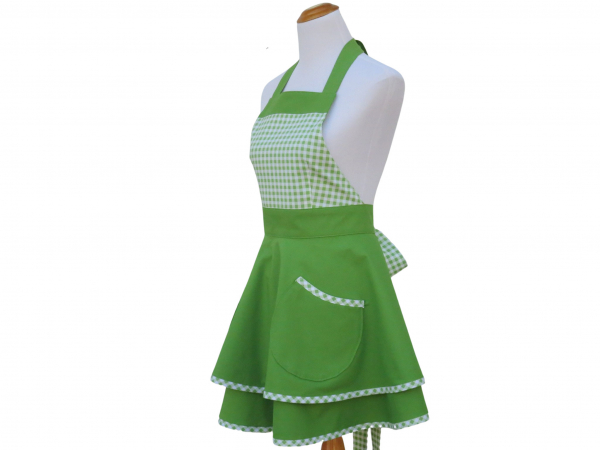 Women's Green Retro Style Apron with Gingham side view