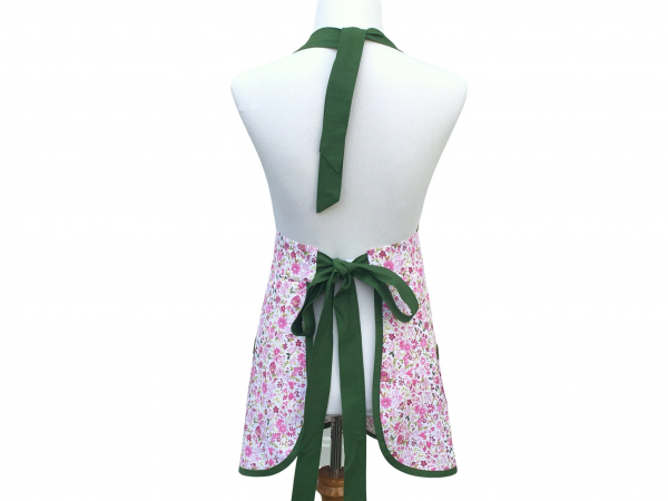 Pink & Green Floral Pleated Front Apron back view tied in back